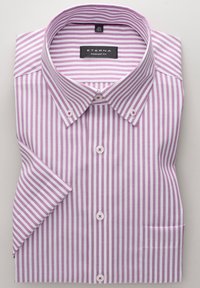 Folded shirt featuring vertical pink and white stripes, made from a smooth fabric with a classic collar and single chest pocket. Buttons are light pink.
