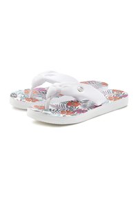 White flip-flops with a floral patterned footbed featuring colorful flowers and leaves. Soft material with a smooth texture and knot-style straps.