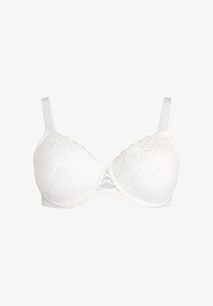 Sujetador blanco con ribete de encaje y textura de puntos, copas contorneadas, tirantes ajustables y un detalle decorativo de malla en el centro.