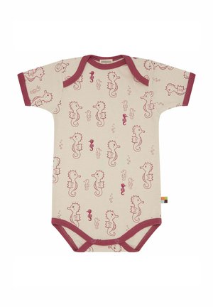 Korte mouwen bodysuit van crèmekleurig katoen, met een roze zeepaard en bellenprint, voorzien van contrasterende roze geribde bies en drukknoopsluiting onderaan.