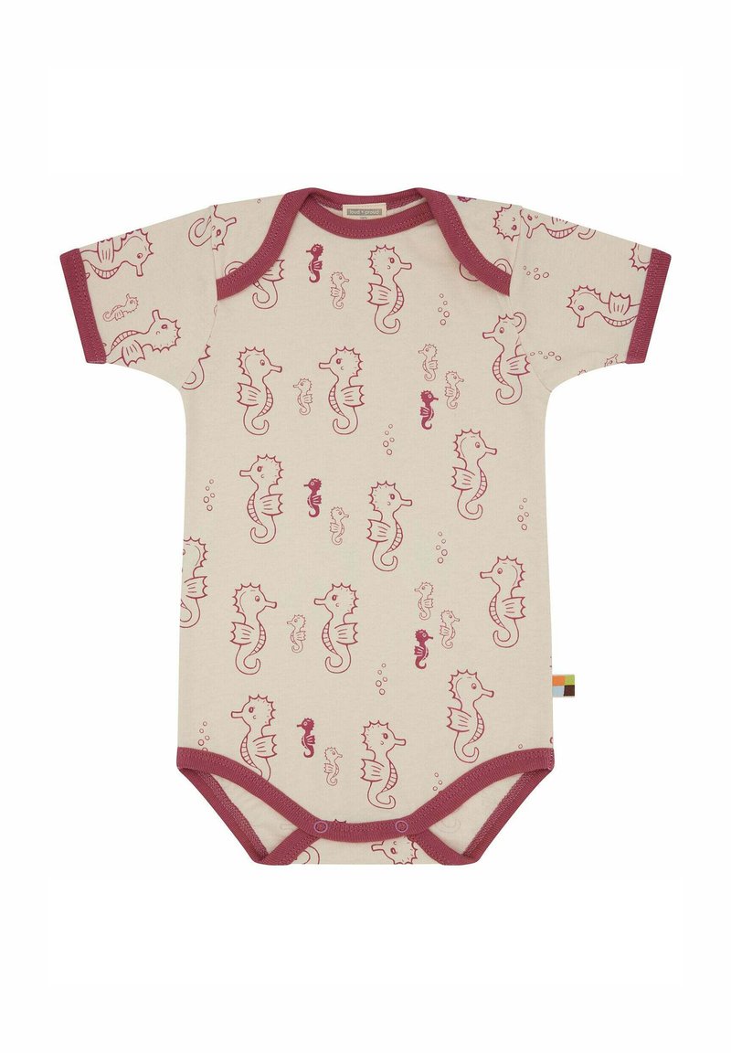 Kurzärmliger Bodysuit aus cremefarbener Baumwolle, mit pinkem Seepferdchen- und Blasenmotiv, kontrastierendem pinken Rippenbesatz und Druckknöpfen im Schritt.