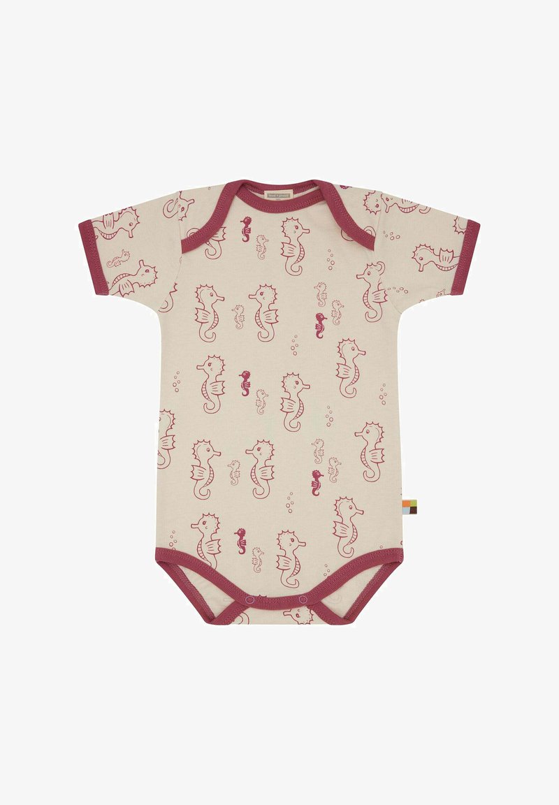 Kurzärmliger Bodysuit aus cremefarbener Baumwolle, mit pinkem Seepferdchen- und Blasenmotiv, kontrastierendem pinken Rippenbesatz und Druckknöpfen im Schritt.