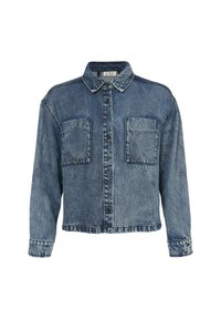 Denim jack met een vervaagde blauwe wassing, een kraag, lange mouwen, twee voorzakken en knoopsluiting. De rafelige zoom voegt textuur toe.