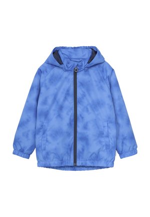 Blue tie-dye windbreaker jacket with a hood, elastic cuffs, and front zipper; features two side pockets and a drawstring hem.