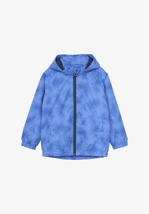 Modra kravata-ploščato obarvana vetrovka s kapuco, elastičnimi manšetami in sprednjim zadrgo; ima dve stranski žepke in zategnjen rob.