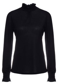 Schwarzes Langarmoberteil mit einem hohen, gerafften Kragen und gerafften Bündchen. Leichter Stoff mit einer glatten Textur und minimalem Glanz.