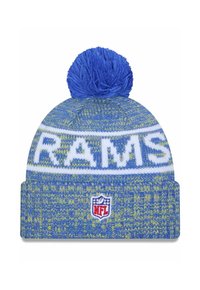 Berretto lavorato a maglia blu e verde con un pompon in cima. Presenta la scritta "RAMS" in lettere bianche e un patch con il logo NFL sul davanti.