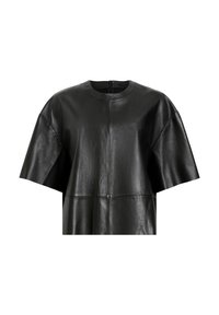 Top corto in pelle nera con maniche corte, scollatura tonda e un design frontale pulito, caratterizzato da cuciture sottili e una texture morbida.
