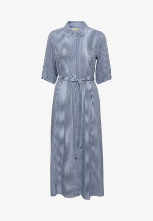 Vestido de botón a rayas azul y blanco, con mangas cortas y cinturón en la cintura, que presenta un cuello y un diseño hasta la rodilla. Material de algodón.