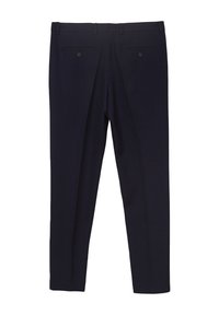 Pantaloni navy con un tessuto strutturato, dotati di due tasche posteriori con bottoni neri e una finitura plissettata davanti.