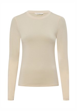 Beige langslipshirt gemaakt van zachte stof met een aansluitend ontwerp en ronde hals. Bevat minimale stiksels en geen zichtbare accenten.