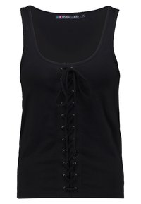 Musta ilmanhiha tanktoppi, jossa on edessä nauhakiinnitys ja pyöreä kaulus.