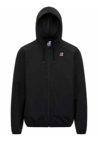 Giacca nera con zip e cappuccio, con un piccolo logo multicolore sul petto sinistro. Tessuto liscio con polsini e orlo elasticizzati.