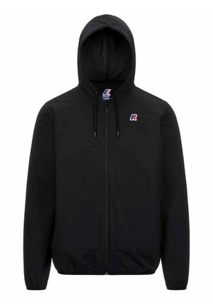 Giacca nera con zip e cappuccio, con un piccolo logo multicolore sul petto sinistro. Tessuto liscio con polsini e orlo elasticizzati.