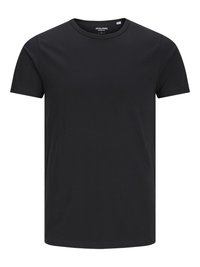 Schwarzes Baumwoll-T-Shirt mit Rundhalsausschnitt, kurzen Ärmeln und schlichtem Design. Glatte Textur, keine Muster oder sichtbare Beschläge.