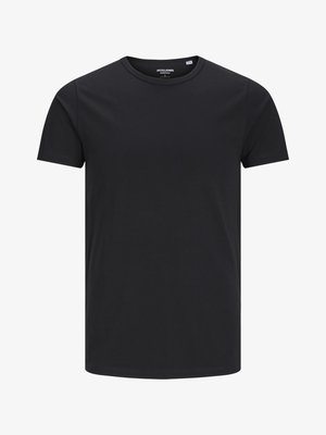 Czarny bawełniany T-shirt z okrągłym dekoltem, krótkimi rękawami i prostym wzorem. Gładka tekstura, bez wzorów i widocznych elementów metalowych.