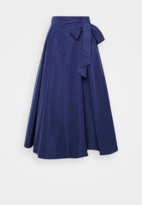 Laivastonsininen kietaisuhame, joka on valmistettu sileästä kankaasta. Siinä on leveä vyötäröosa ja koristeellinen solmimisdetali vyötäröllä. Hame on levenevä muotoilultaan.