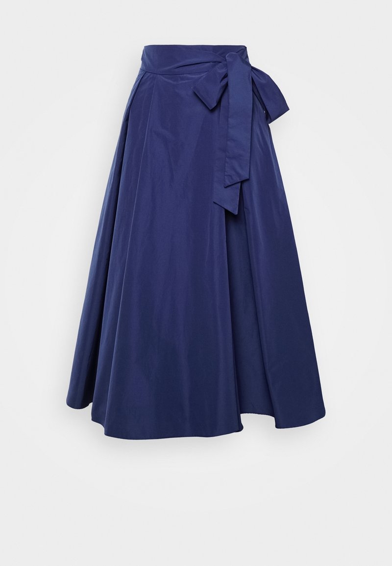 Laivastonsininen kietaisuhame, joka on valmistettu sileästä kankaasta. Siinä on leveä vyötäröosa ja koristeellinen solmimisdetali vyötäröllä. Hame on levenevä muotoilultaan.