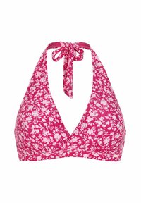 Blommig bikiniöverdel i rosa, med djup V-halsringning och halterneck-knut. Tillverkad av mjukt tyg med vita blommönster genomgående.