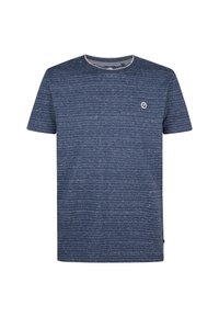 Tricou pentru bărbați, cu gât rotund, de culoare albastru închis, cu dungi orizontale albe. Textură moale și un logo mic pe piept. Mâneci scurte, croială lejeră.