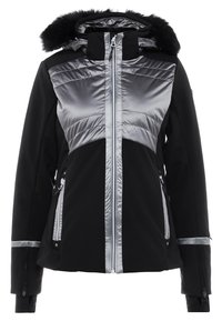 Schwarze und silberne isolierte Jacke mit Kapuze aus Kunstpelz, durchgehendem Reißverschluss, zwei Seitentaschen und reflektierenden Akzenten an den Ärmeln.