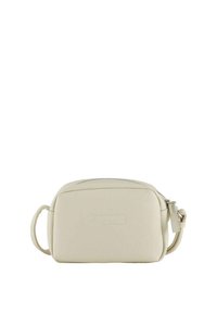 Cremfarbener Leder-Crossbody-Bag mit rechteckiger Form, glatter Textur, Reißverschluss und verstellbarem Trageriemen.