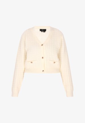 Gekürzter cremefarbener Cardigan mit V-Ausschnitt, gerippter Textur, goldfarbenen Knöpfen und zwei Fronttaschen. Weiches Strickgewebe mit subtiler Ausstrahlung.