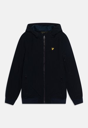 Navy zip-up jacket with a hoodie, featuring front pockets, ribbed cuffs, and a yellow logo on the chest. Soft fabric texture.
