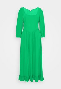 Vihreä midi-mekko, jossa on neliönmuotoinen pääntie, kolme neljäsosaa hihat ja röyhelöreuna. Valmistettu kevyestä kankaasta, jossa on virtaava, kerrostettu muotoilu.