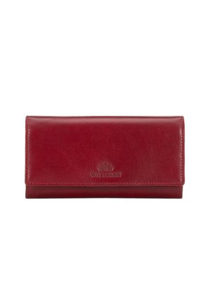 Red leather wallet with a smooth texture, rectangular shape, and a clasp closure. Features embossed logo on the front.