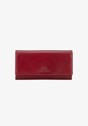 Cartera de piel roja con textura lisa, forma rectangular y cierre de broche. Presenta un logo en relieve en la parte frontal.