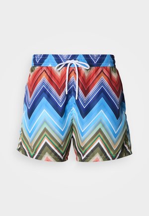 Fargerike badeshorts med et sikksakkmønster i rødt, blått og grønt. Laget av lett stoff med elastisk midje og snor.