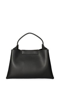 Zwarte leren handtas met een minimalistisch ontwerp. Heeft een gestructureerde vorm, bovenhandvat en een gladde textuur. Geen zichtbare hardware.