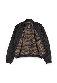 Giacca bomber nera con polsini a costine, dotata di un'interiora a motivo camouflage. Include una tasca laterale con zip e un'etichetta con il marchio sul colletto.