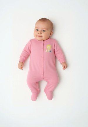 Rosa Einteiler für Babys aus weicher Stoff, mit langen Ärmeln, Druckknopfverschlüssen und einer Löwenillustration auf der Brust.