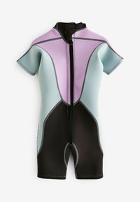 Īss neoprēna wetsuits gaiši zilā, lavandas un melnā krāsā. Ar priekšējo rāvējslēdzēju, īsām piedurknēm un kontrastējošām šuvēm.