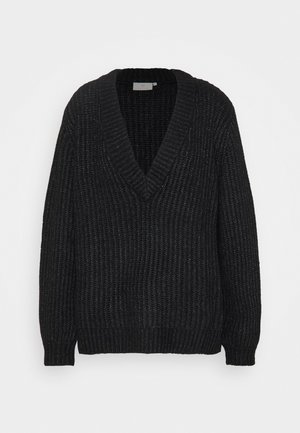 Pull noir en maille avec col en V, manches longues, poignets et ourlet côtelés, présenté sur un fond blanc uni.