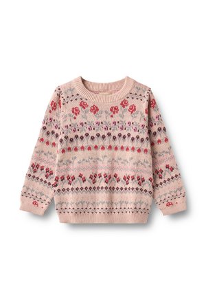 Różowy sweter dziany z czerwonym, fioletowym i szarym wzorem kwiatowym i geometrycznym, z długimi rękawami oraz ściągaczami na mankietach i przy dekolcie.
