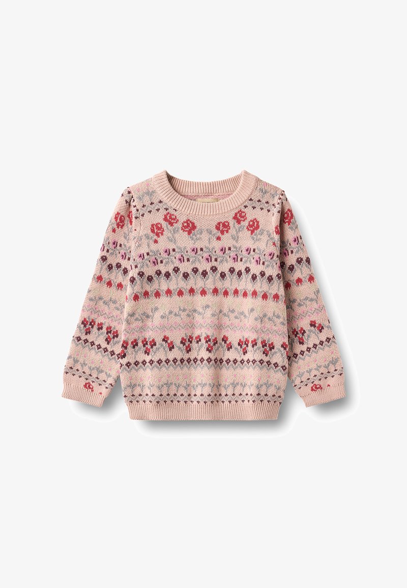 Pull en maille rose avec un motif floral et géométrique rouge, violet et gris, manches longues et poignets et col en côtes.