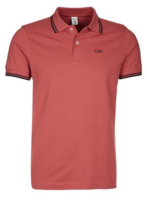 Men's short-sleeve polo shirt in dusty rose with black double stripes on collar and sleeve cuffs, two-button placket, and small chest logo.