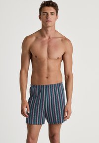 Gestreepte zwemboxers in verschillende tinten blauw, groen en bordeauxrood. Gemaakt van lichtgewicht stof met een elastische tailleband en een ontspannen pasvorm.