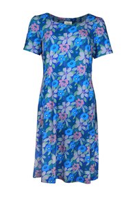Blumenkleid mit kurzen Ärmeln, rundem Ausschnitt und einem blauen Grundton, verziert mit rosa, lila und grünen Blumenmustern. Glatte Stoffoberfläche.