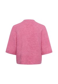 Rosa gestrickter Pullover mit lockerem Schnitt, kurzen Ärmeln und einem gerippten Saum. Der Stoff hat eine leicht strukturierte Oberfläche.