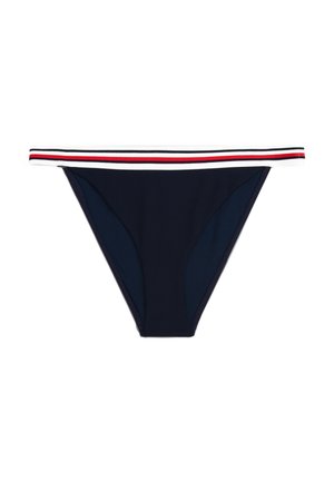 Tamni plavi bikini donji dio s kontrastnim prugastim pojasom u bijeloj, crvenoj i tamnoplavoj boji. Glatka tekstura s niskim strukom i punom pozadinom.