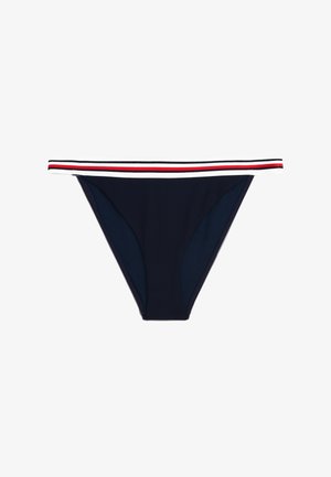 Temno modre bikini hlačke z kontrastnim prvim pasom v beli, rdeči in temno modri barvi. Gladka tekstura z nizkim rezom in polno pokritostjo na hrbtu.