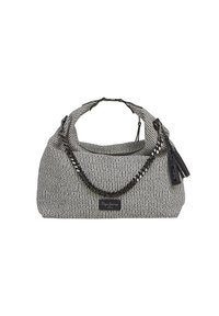 Borsa in canvas con motivo a righe bianche e nere. Caratterizzata da una silhouette curvilinea, doppio manico e nappine decorative. Accentuata da un'etichetta con il logo.