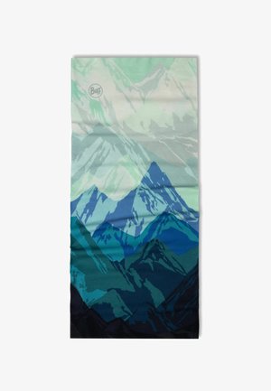 Gaiter de cuello multicolor con un diseño de paisaje montañés. Predominantemente en tonos de azul verdoso, azul y verde con una textura suave.