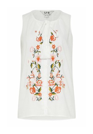 Weiße ärmellose Bluse mit Knöpfen vorne, Kordel-Tasseln am Hals und symmetrischer oranger und pinkfarbener Blütenstickerei auf der Vorderseite.