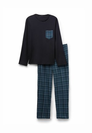 Maglietta nera a maniche lunghe con tasca a quadri e pantaloni del pigiama abbinati in diverse tonalità di blu e verde. Realizzato in morbido cotone, vestibilità comoda.