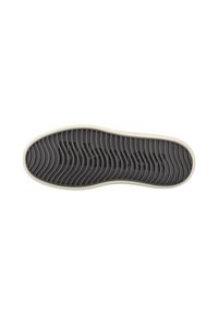 Schuhsohle mit einem welligen Profilmuster, aus dunkelgrauem Gummi mit einem cremefarbenen Rand. Glatte Oberflächenbeschaffenheit für besseren Halt.
